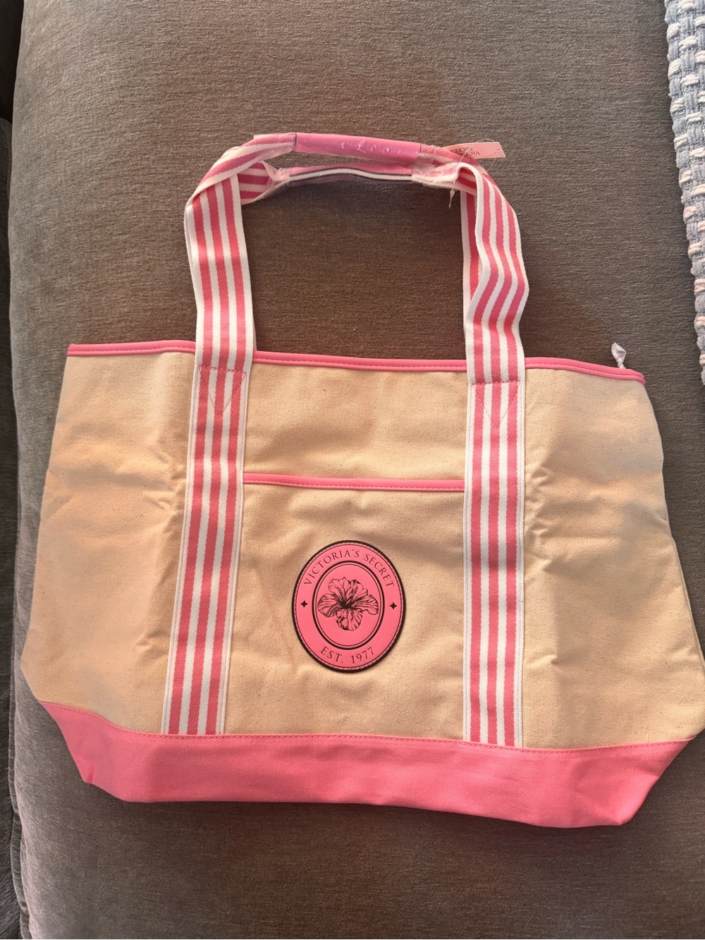 Victoria's Secret Cream and Pink Canvas Tote with Logo Badge